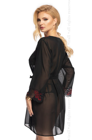 Ladies Stunning Sheer Black Chiffon Gorgeous Floral Lace Trim Long Sleeves Short Dressing Gown