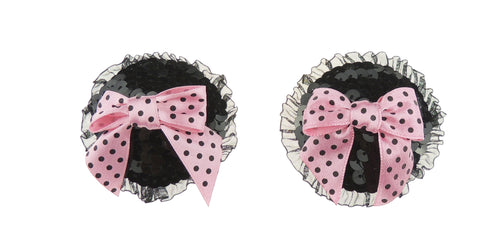 Sexy Nipple Covers In Black Ruffled Edges & Pink Bows - One Size