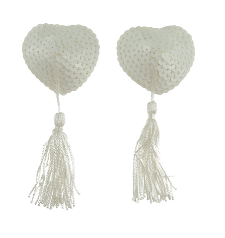 Sexy White Heart Tassel Decorated Nipple Covers - One Size
