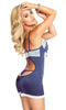 Ladies Gorgeous Sexy Navy Blue White Floral Lace Stripy Trim Stretchy Strappy Chemise & Thong Set