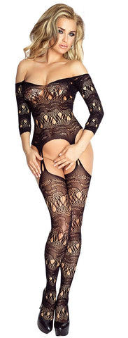 Sexy Off The Shoulder Long Sleeve Open Crotch Back Suspendered Black Bodystocking Romper - S/M (UK 6-10)