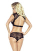 Ladies Glamorous Sexy Black Stretchy Floral Embroidered Scalloped Edges Open Back Top & Brief Set