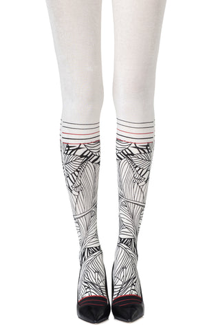 Lovely Opaque Black Red Palm Leaf Strips Print 100 Denier Cream Tights