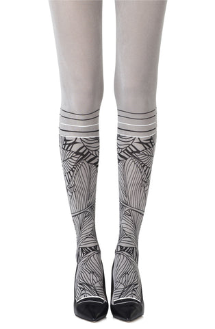 Gorgeous Black Palm Leaf Strips Mock Socks Print 100 Denier Opaque Grey Tights