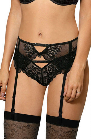 Stunning Sexy Black Sheer Mesh Embroidered Lace Blue Polka Dots Suspender Belt A159