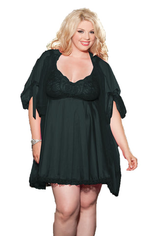 Ladies Stunning Plus Size Lace Trimmed Bust Flouncy Satin Babydoll, Dressing Gown & G-String Set