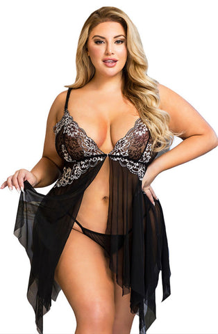Ladies Fabulous Sheer Floaty Black Stunning White Bust Embroidery Babydoll & Thong Set
